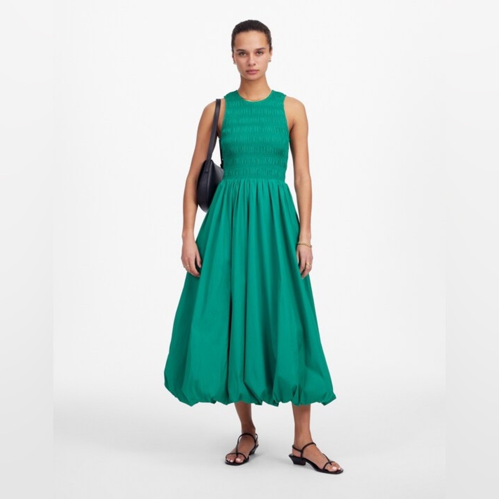 Madewell The Melody Bubble-Hem Smocked Midi Dress in Poplin Verdant Green - [M]